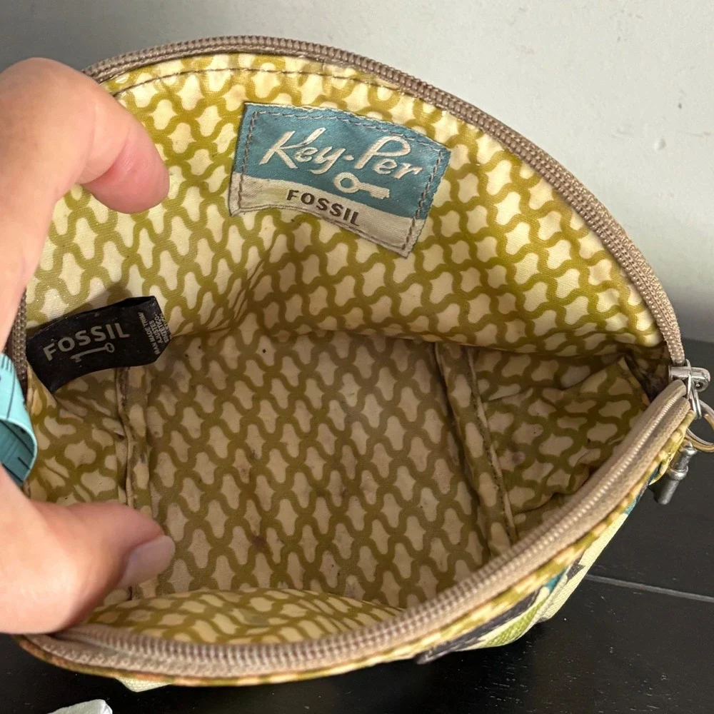 Fossil Key-Per | Retro Floral Coated Canvas Cosmetic Makeup Bag | Teal Green